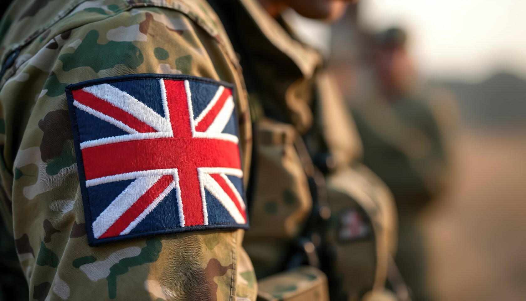 Closeup of UK flag patch on soldier camouflage uniform sleeve. British military armed forces member. Symbol patriotism, national pride. Defence army man in combat gear. Veteran warrior. Authority, port centric logistic solutions Asia. Aerial view of international port with Crane loading containers