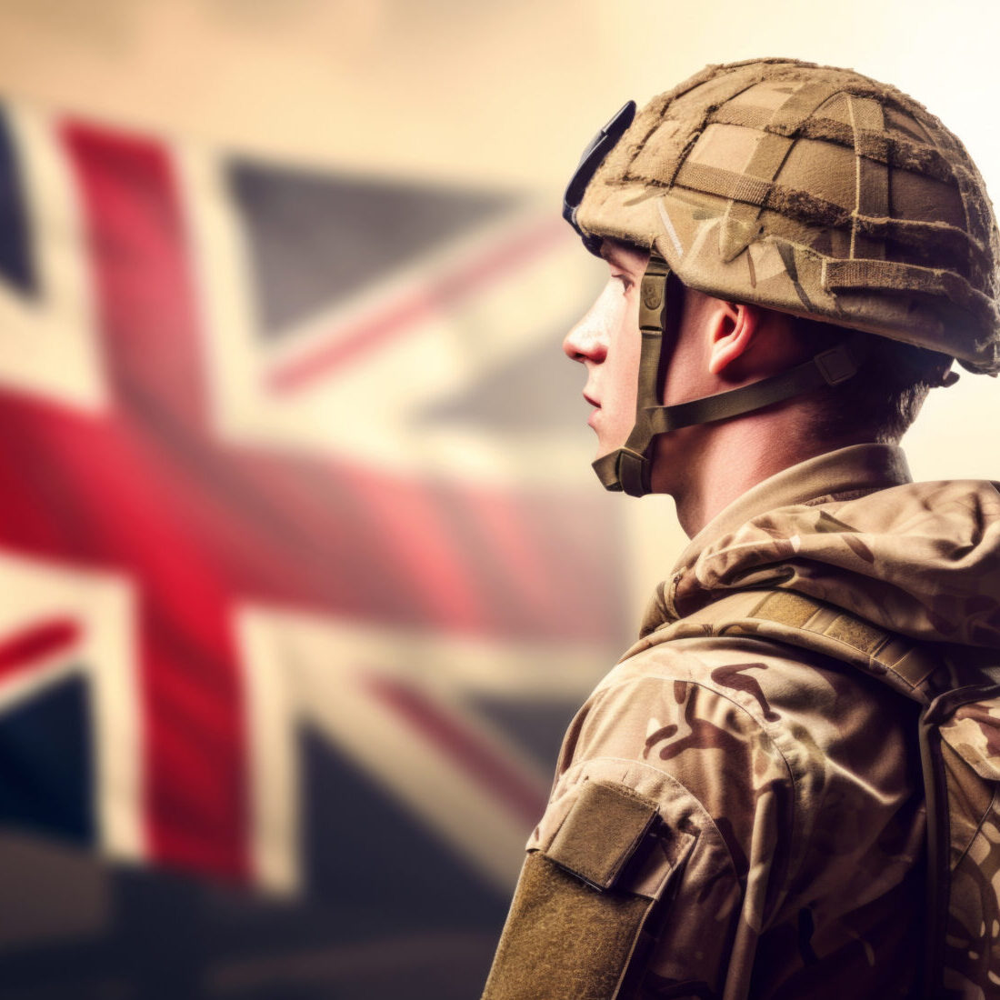 Powerful portrait of a soldier proudly standing against a backdrop adorned with the United Kingdom flag Powerful portrait of a soldier proudly standing against a backdrop adorned with the United Kingdom flag