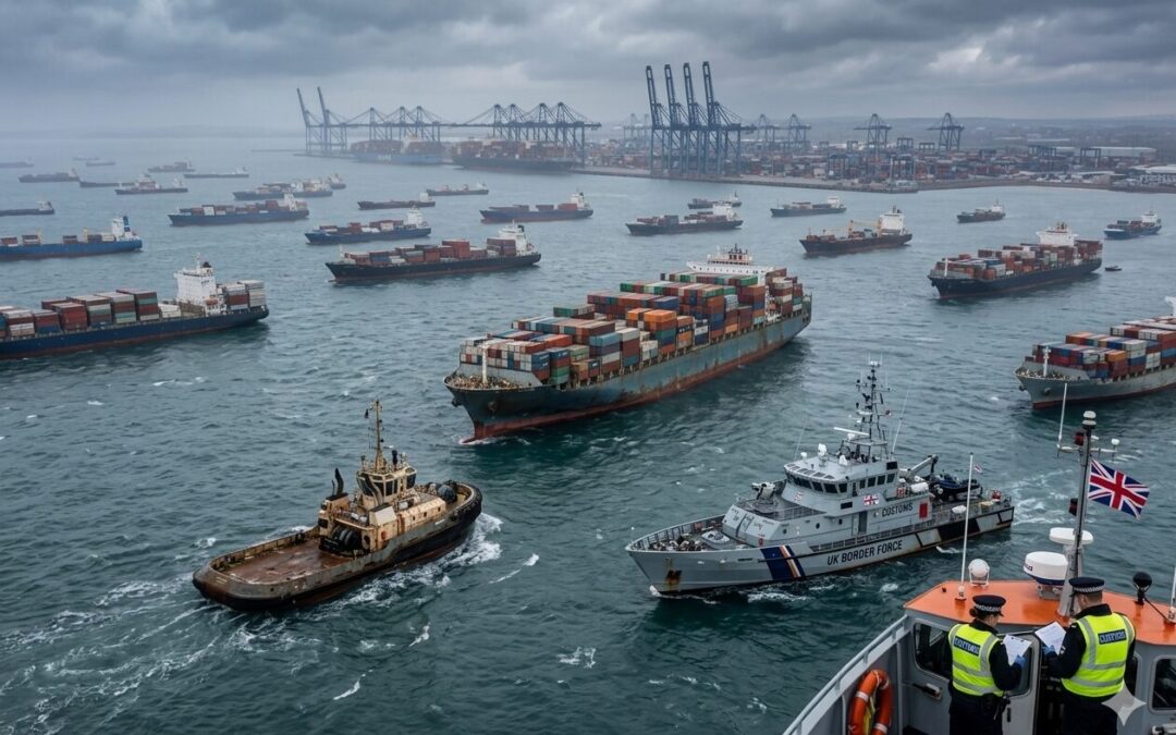 Aerial view of a UK port showing sea freight disruption with congested container ships and Border Force patrol boats. Supply chain disruption