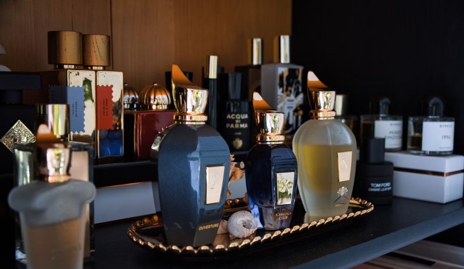 Perfume bottles on a shelf